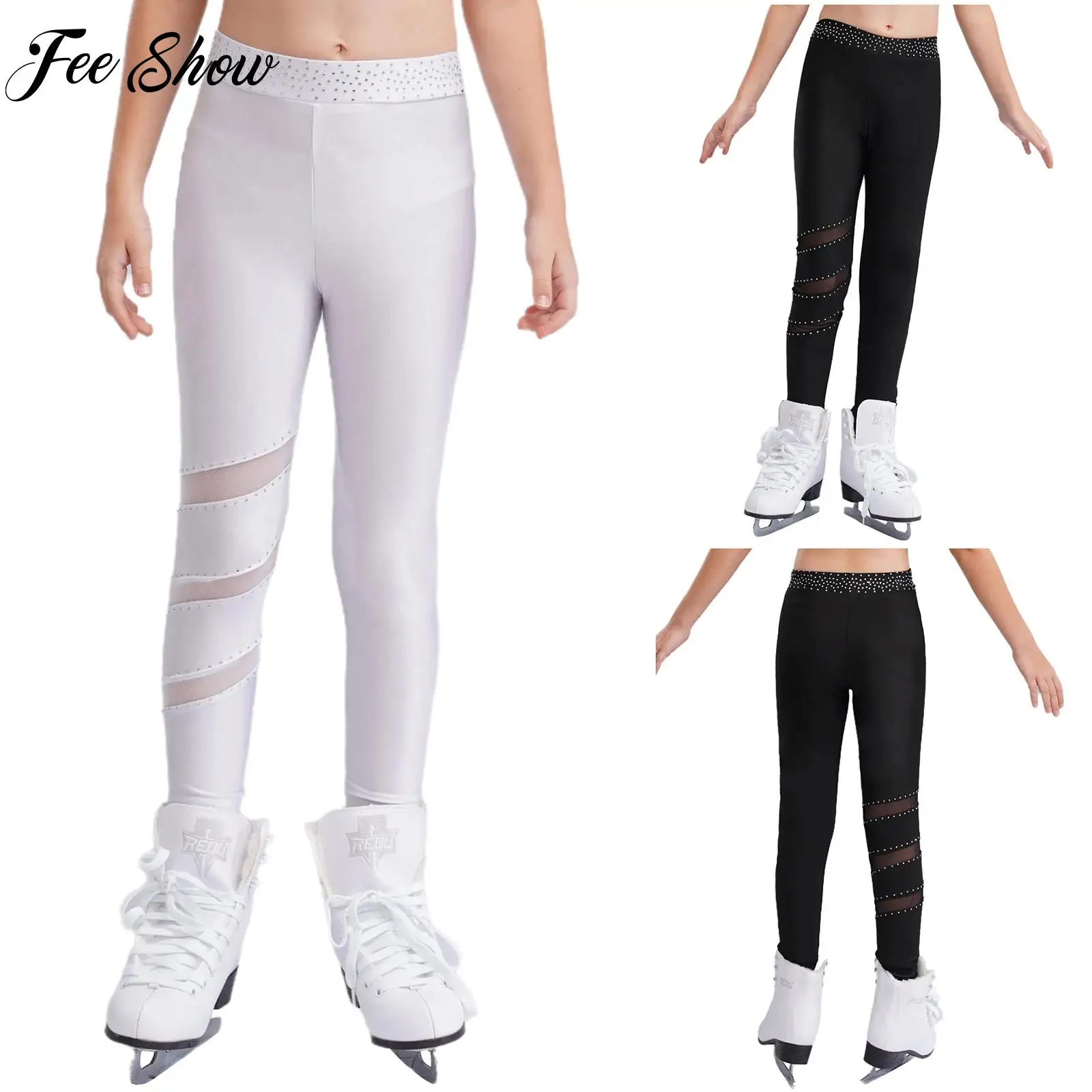 Kids Girls Figure Skating Pants Sparkly Rhinestones Elastic Waistband Leggings Sheer MeshTrousers for Dance Rhythmic Gymnastics