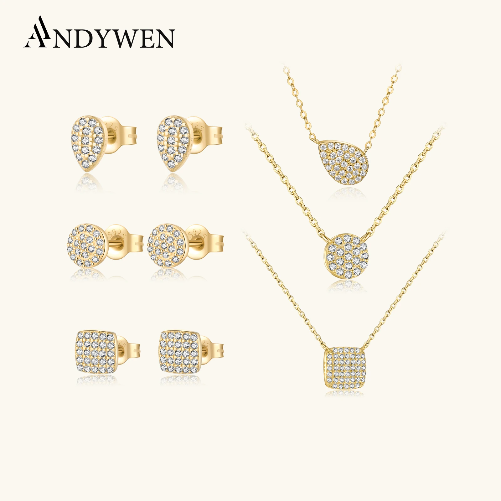

ANDYWEN 925 Sterling Silver Gold Round Zircon Pave CZ Charm Pendant Necklace Long Chain Choker Jewelry Set For Women Gift