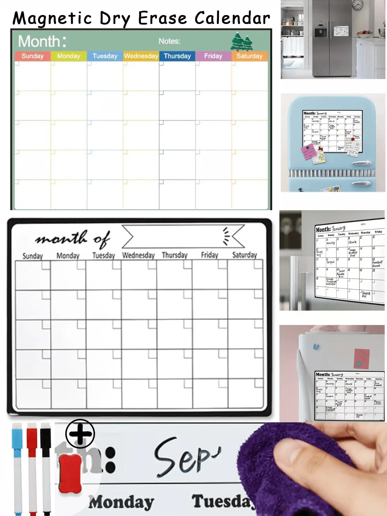 مجموعة واحدة من مخطط المسح الجاف المغناطيسي (مع قلم/ممحاة) - وجبة الثلاجة/منظم المطبخ للتخطيط العائلي