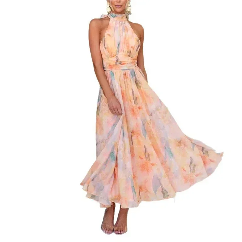 French Style Dopamine Color Maxi Dress Oil Painting Print Fairy Beach Holiday Sundress For Women Summer Resort Romantic Gift