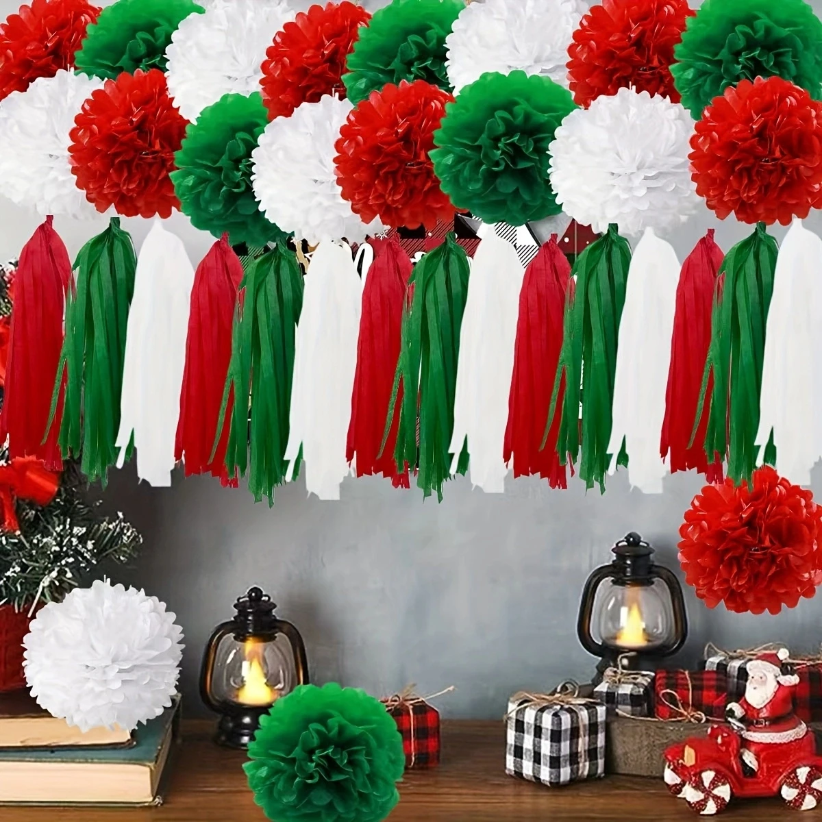 36Pcs Christmas Red Green White Tissue Paper Pom Poms & Paper Tassels, Holiday Hanging Decorations for Christmas Party, Birthday