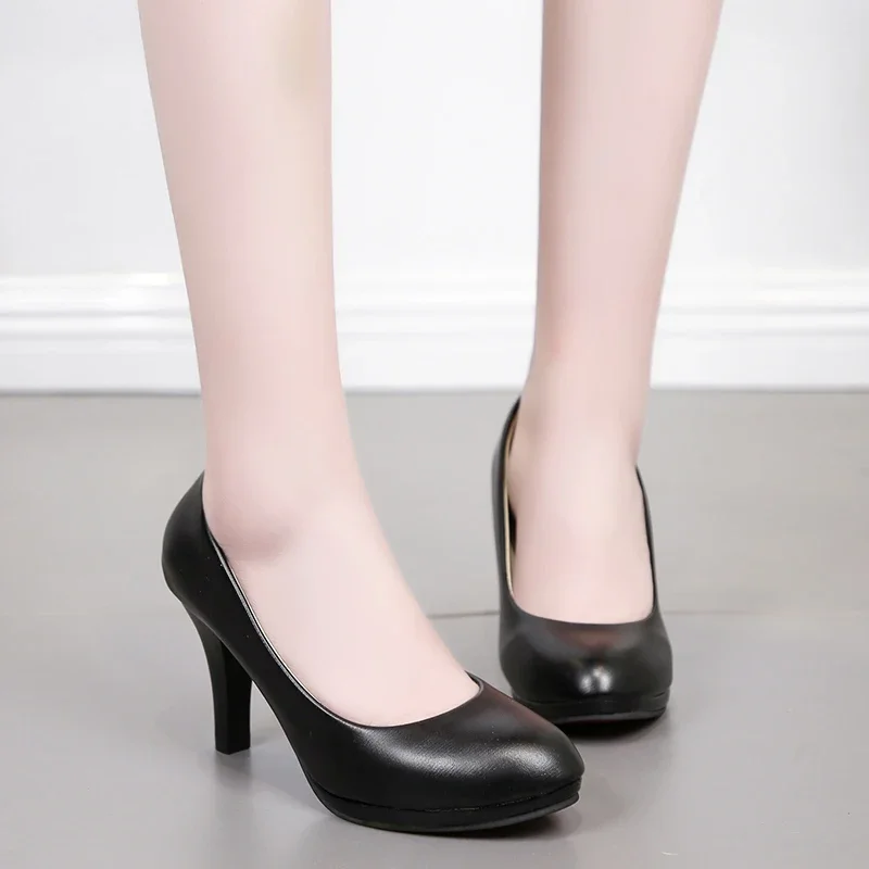 2024 Spring/Summer/Autumn New Shallow Mouth Single Shoes Girl High Heel Round Head Black Professional Work Shoes