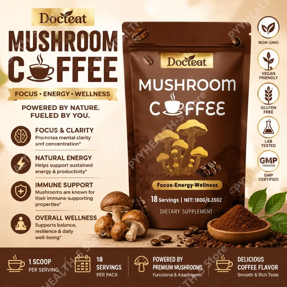 Docteat Café de Hongos en Polvo, Mezcla para Bebida, 18 Porciones, 180g Neto, con Cordyceps, Ganoderma, para Concentración y Vitalidad Diaria