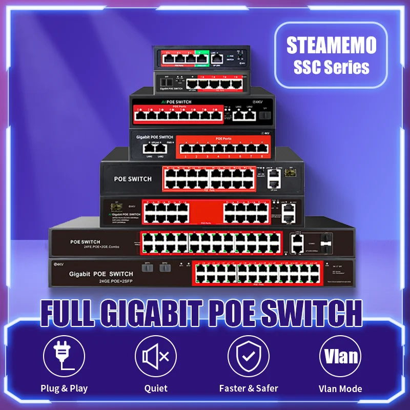 STEAMEMO-Commutateur POE Gigabit complet série SSC, 4 ports, 6 ports, 8 ports, 16/24 ports, 1000Mbps pour caméra IP, commutateur I-Switch sans fil,