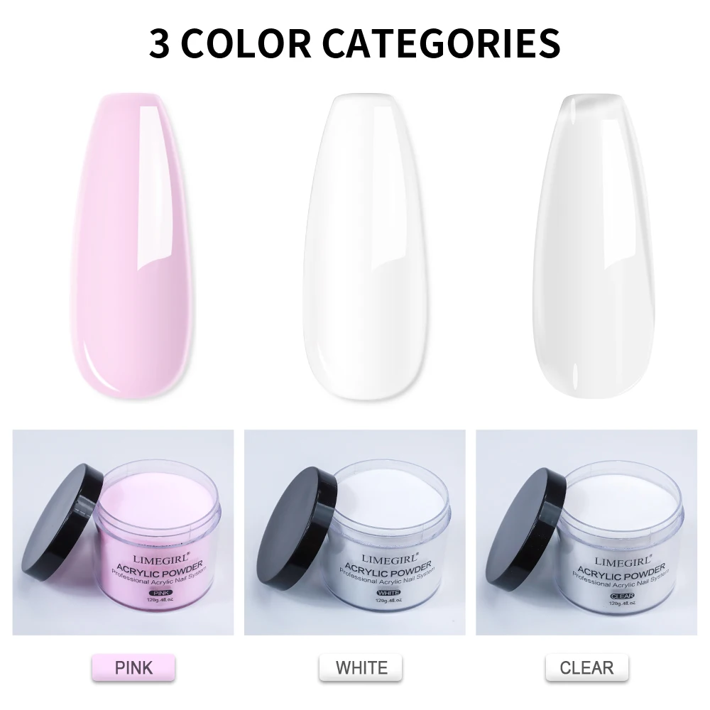 LIMEGIRL Acrylic Nail Powder 6 Color Clear Pink White Beige Nude Beige Nude Blush 120g Acrylic Powder for Nail Extension Carving