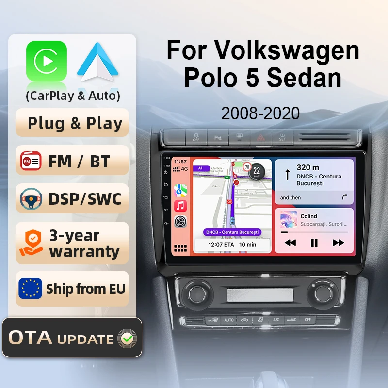 Autoradio pour VW Volkswagen POLO 5 2008-2020, CarPlay et Android Auto sans fil, amplificateur de caisson de basses, systèmes intelligents, écran tactile IPS/QLED, caméra 360, DSP, GPS, navigation, WiFi, DAB+, FM, DSP, BT, SWC, Plug & Play, 2DIN, WiFi 4G, lecteur multimédia