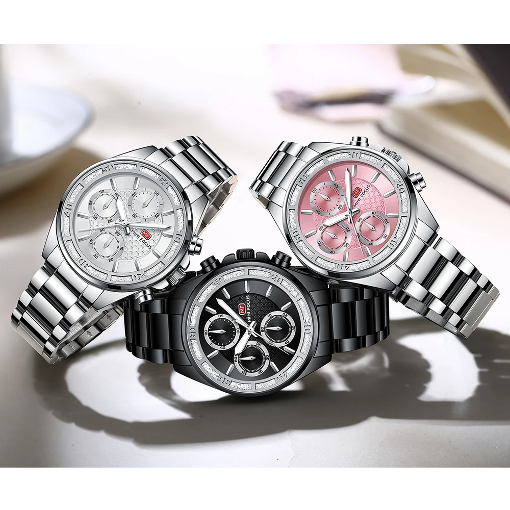 MINI FOCUS 0615, кварцевые часы для женщин, модные роскошные светящиеся водонепроницаемые часы с хронографом и календарем, повседневные деловые женские часы