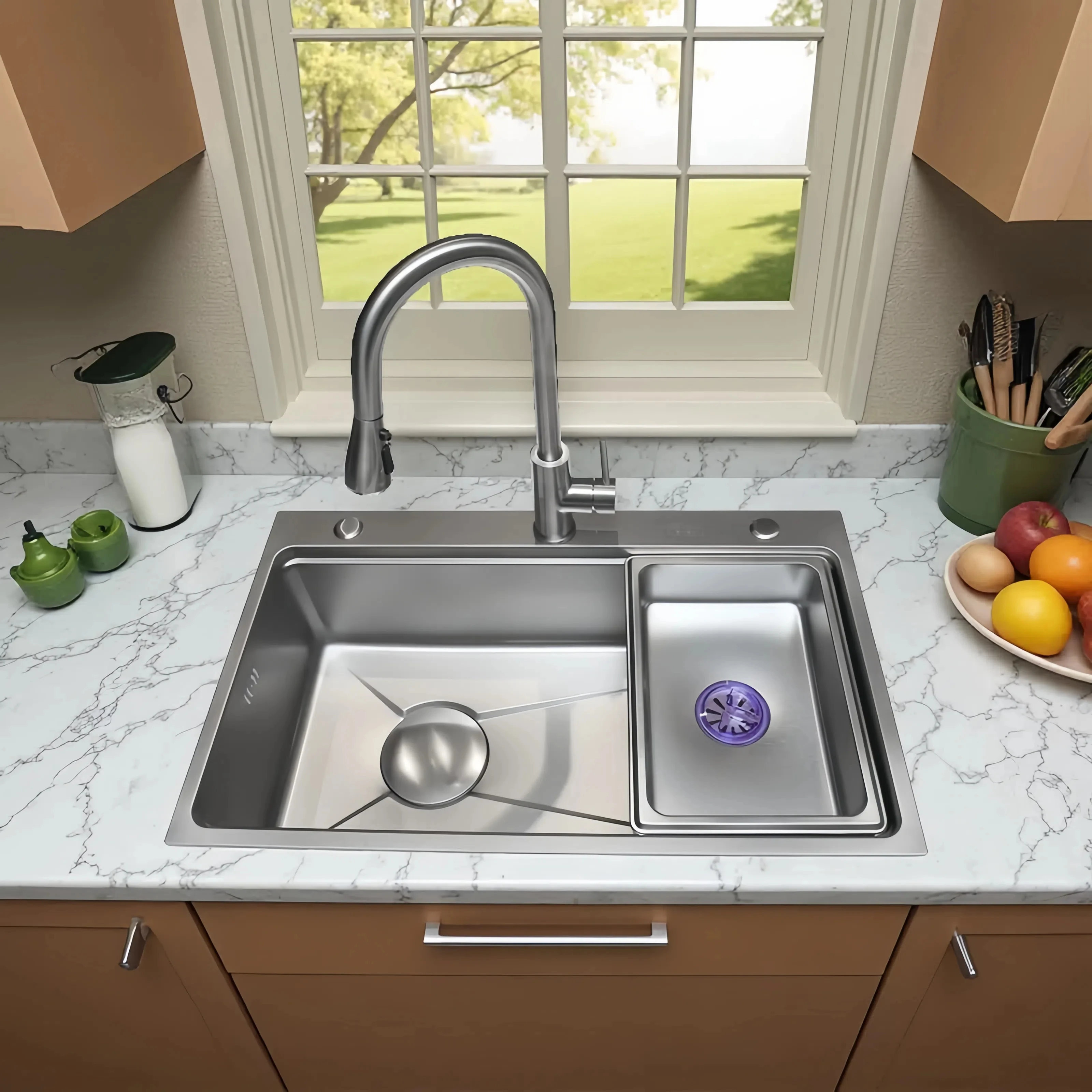 Thsink Stainless Steel 304 Single Bowl Rectangular Kitchen Sink Faucet One Hole Counter Installation Modern Design Stone Surface
