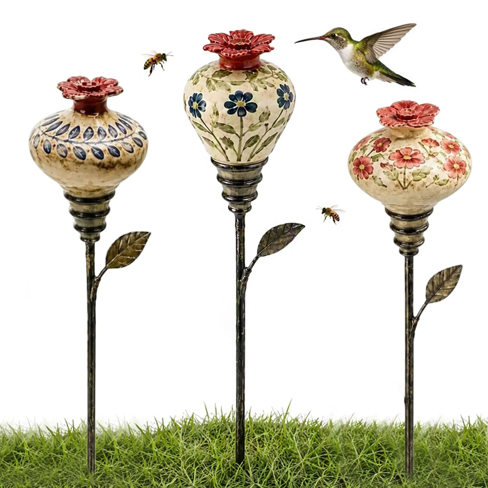 Iron Stake Floral Ceramic Hummingbird Feeder Rustic Nectar Feeder for Garden Patio Lawn Backyard Outdoor Bird Bath Decor