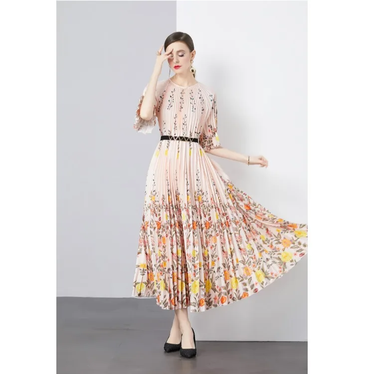 กระโปรงพลีททรงเอไลน์ยาวปานกลาง รุ่นใหม่ ปี 2024 จีบแบบ Dr Accordion เอวสูง ลายดอกไม้ ผ้าโพลีเอสเตอร์