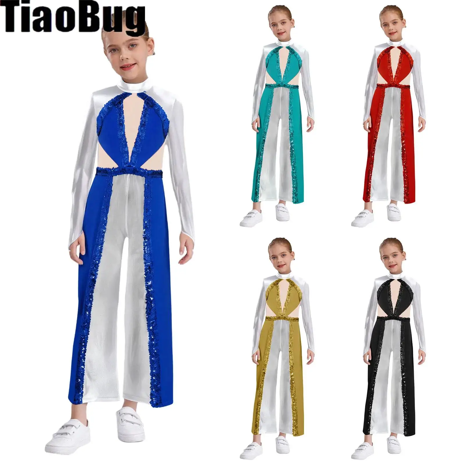 

Kids Girls Metallic Dance Jumpsuit Color Block Dance Jumpsuit Mock Neck Long Sleeve Mesh Patchwork Bodysuit