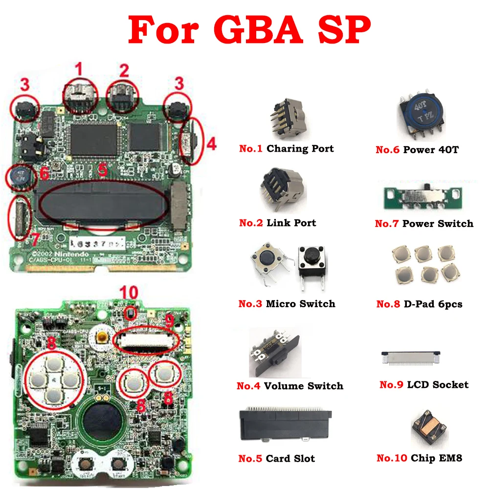 Motherboard Micro Power Volume Switch D-Pad Button Speaker Card Slot Socket LCD Screen FPC Connector For GBA SP Game Console