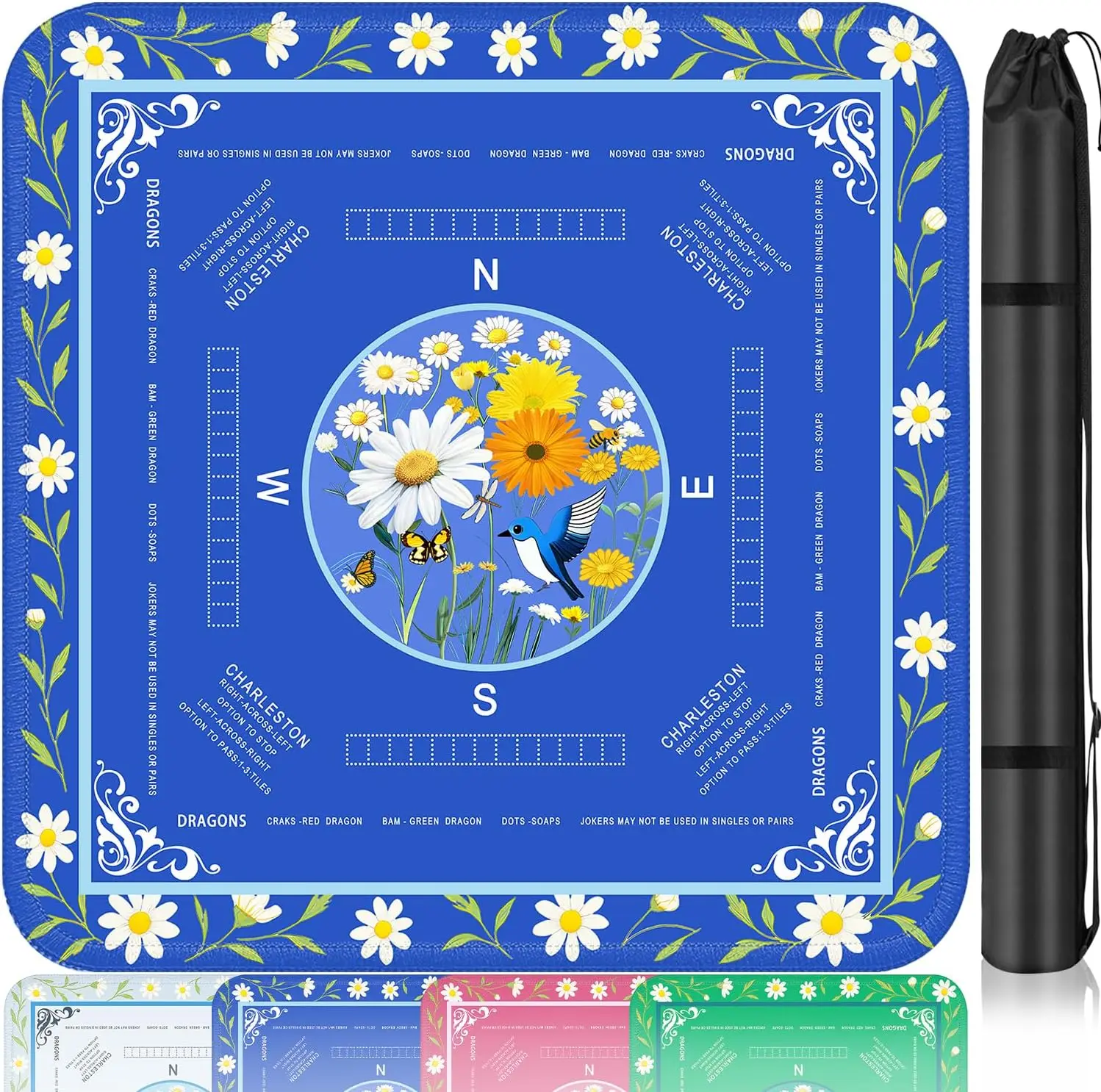 

33.1" American Mah Jongg Mat, Non-Slip Quiet Table Cover with Rules, Floral Design for Games