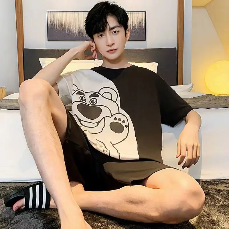 Summer Short Pajama for Men Cotton Cartoon Tops with Shorts Japan Anime Printed Homewear Bear Pijama Home Clothing Nightwear Ins