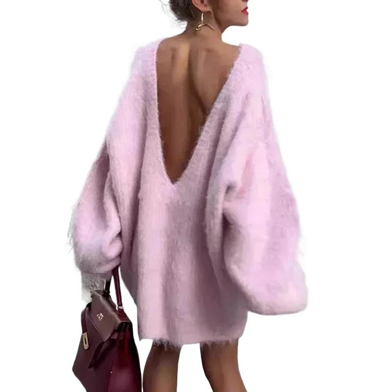 

Autumn Long Sleeve Sexy Big Backless Knitted Sweater Dress For Women Fashion Solid Loose Sweater Pullover Streetwear