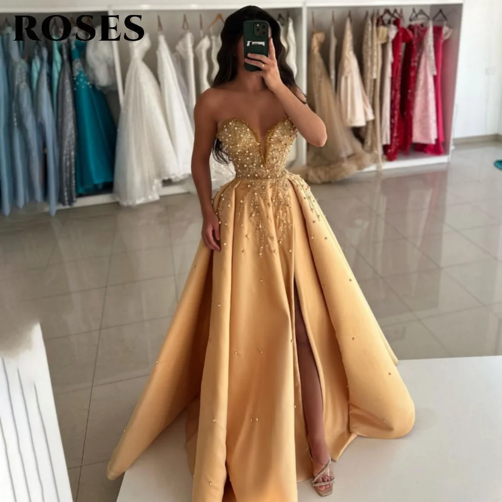

ROSES Golden Prom Dress Sweetheart Celebrity Dress Sleeveless Sequins Women's Evening Dress A-Line Satin Formal Gown Customized