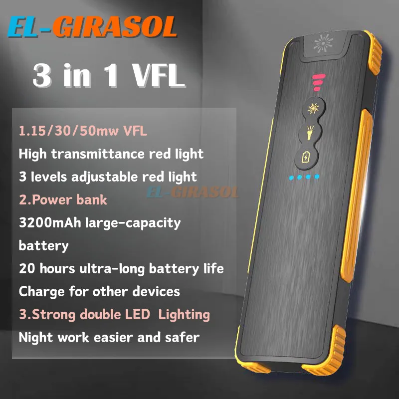 

New 3 In 1 VFL Fiber Optic Visual Fault Locator 15/30/50Mw Rechargeable 3200Mah Battery Power Bank With Double LED Lighting FTTH