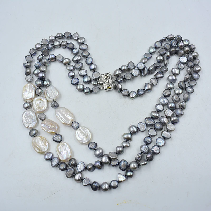 3-strand 8MM natural gray/white Baroque pearl necklace/earring set