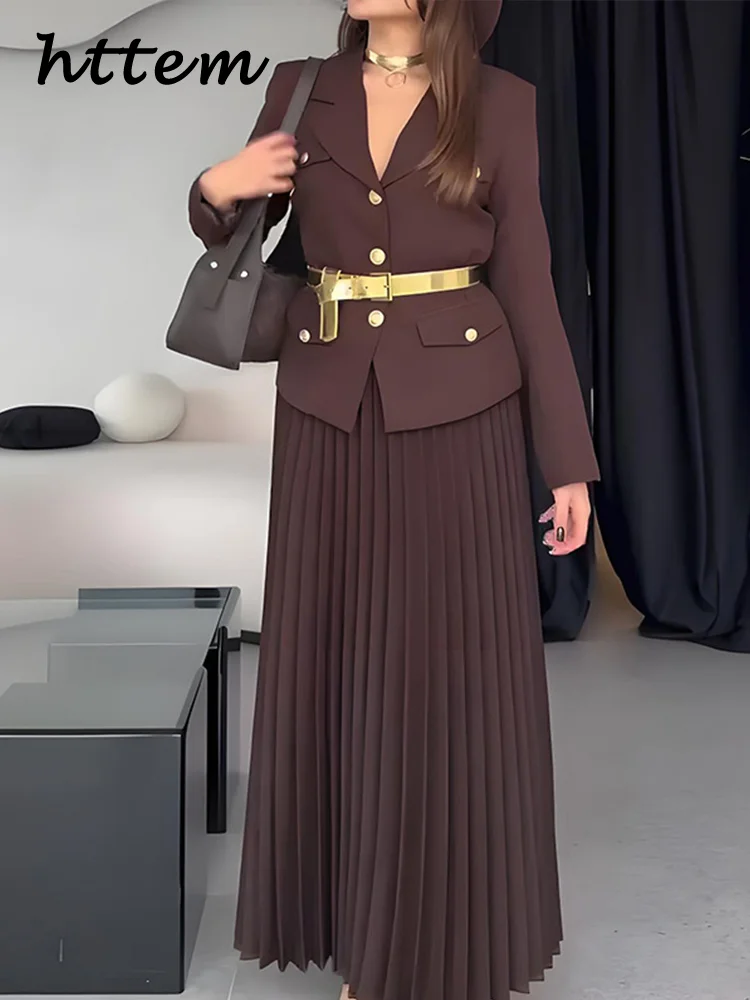 

Elegant Belt Blazer Long Skirts Sets Women Solid Button Long Sleeve Jacket Pleated High Waist Skirt 2025 Spring Office Outfits