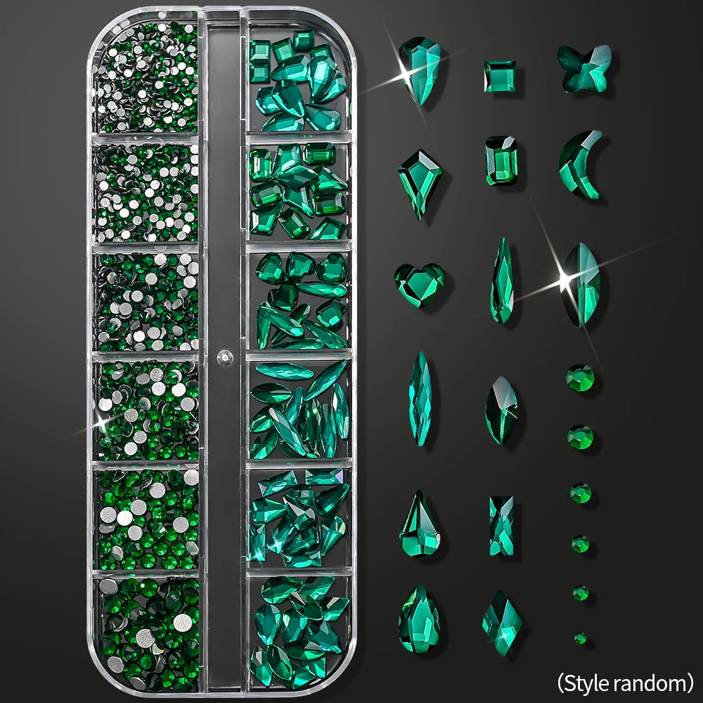 12-شبكة الزمرد الأخضر ثلاثية الأبعاد أحجار الراين الزجاجية متعددة الأشكال هندسية مسطحة مسمار الأحجار الكريمة الفاخرة الأخضر لتقوم بها بنفسك زينة الأظافر لوازم =