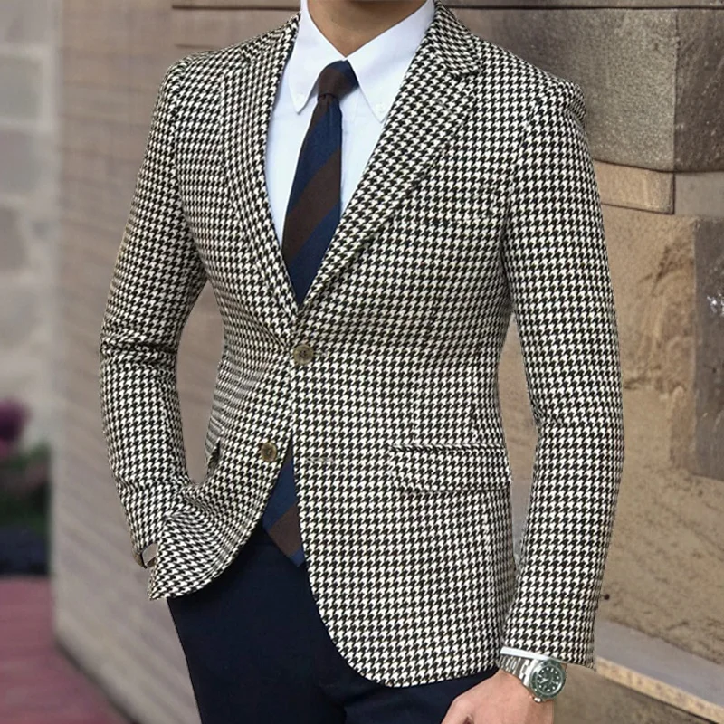 Houndstooth Plaid Blazer for Men One Piece Suit Jacket with 2 Side Slit Slim Fit Casual Male Coat Fashion Clothes 2025