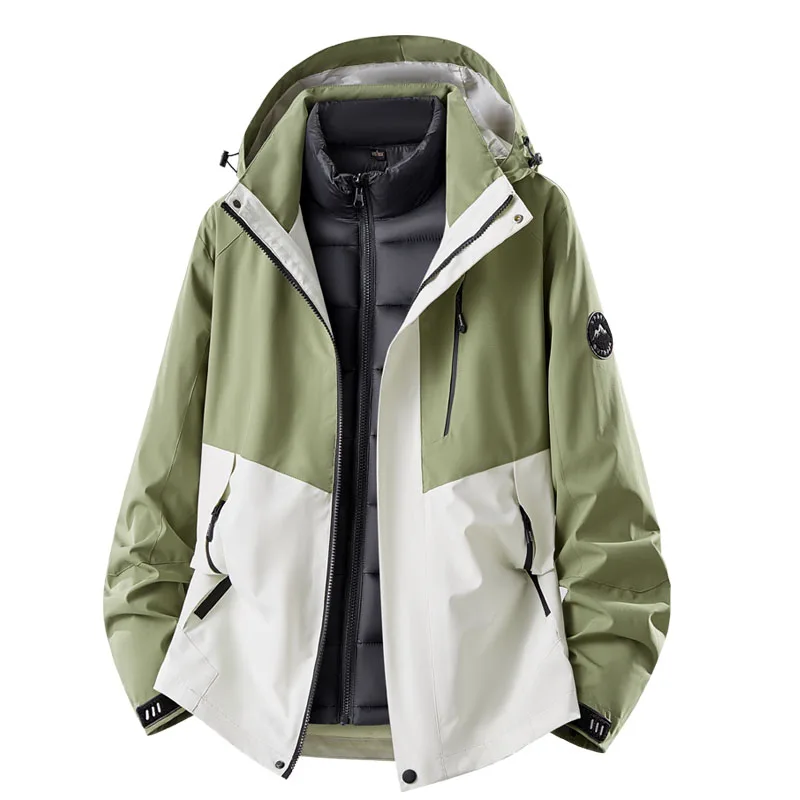 Unisex 3‑in‑1 Hooded Jacket Detachable Padded Inner Coat Color Block Waterproof Windproof Zipper Outerwear Men Women Hiking Camp
