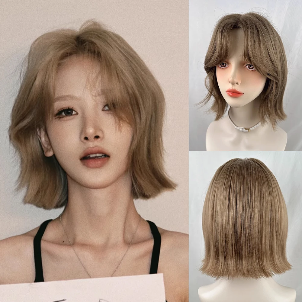

Middle Part Brown Short Straight Wigs Synthetic Fluffy Women Lolita Cosplay Wig with Bangs Heat Resistant for Daily Party