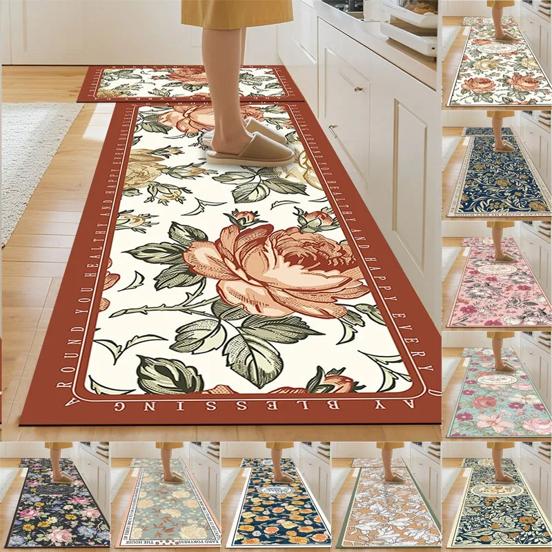

1/2PCS Carpet for Kitchen Floor Mat Leather Waterproof Non-slip Long Rug Oil-proof Foot Mats Pink Flower Home Decoration Rugs