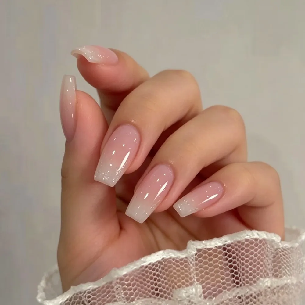 24pcs Gradient Fake Nails French Ballerina Nail Waterproof Faux Medium Coffin False Nails Fingernails Press on Nails Tips view 5