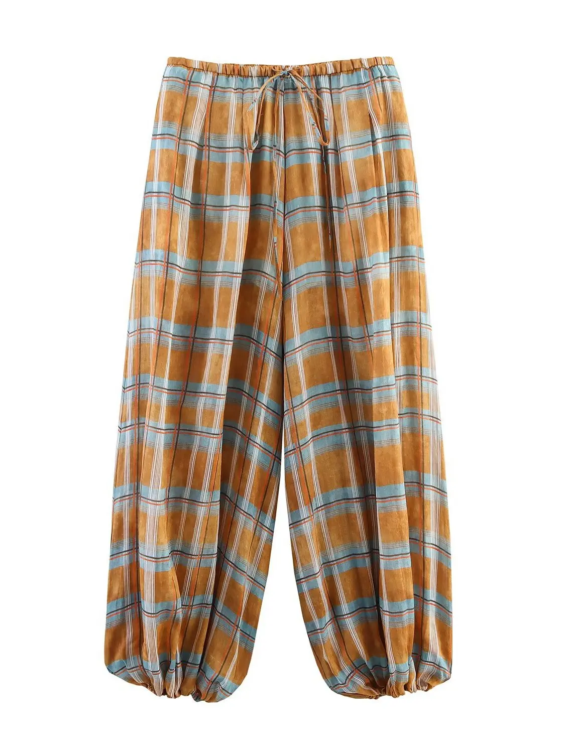 Faionable Plaid Lantern Pants Casual Versatile Women's Straight Leg Trousers Artistic Sle l Waist Elastic Fabric