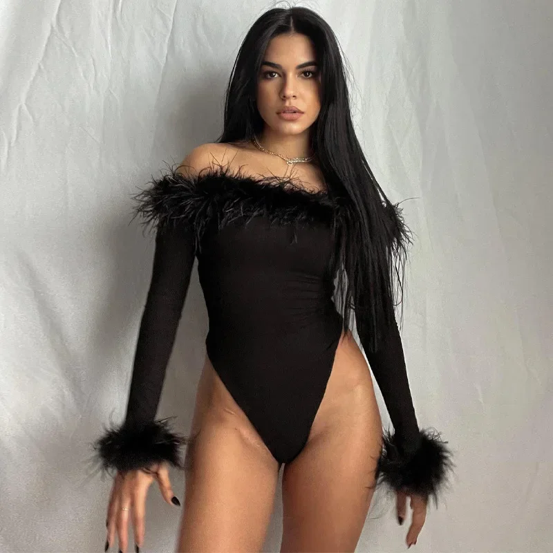 

2024 New Bodysuits for Women Elegant One Piece Slim Tops Bodysuit Clothes Fashion Feathers Sexy Long Sleeve Off Shoulder YXQ08