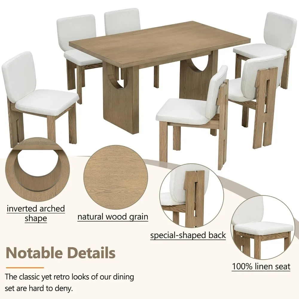 7-Piece Dining Room Table Set with 6 Upholstered Chairs, 60” Wood Dining Table Set for 6 with Trestle Base for Kitchen,, Custom