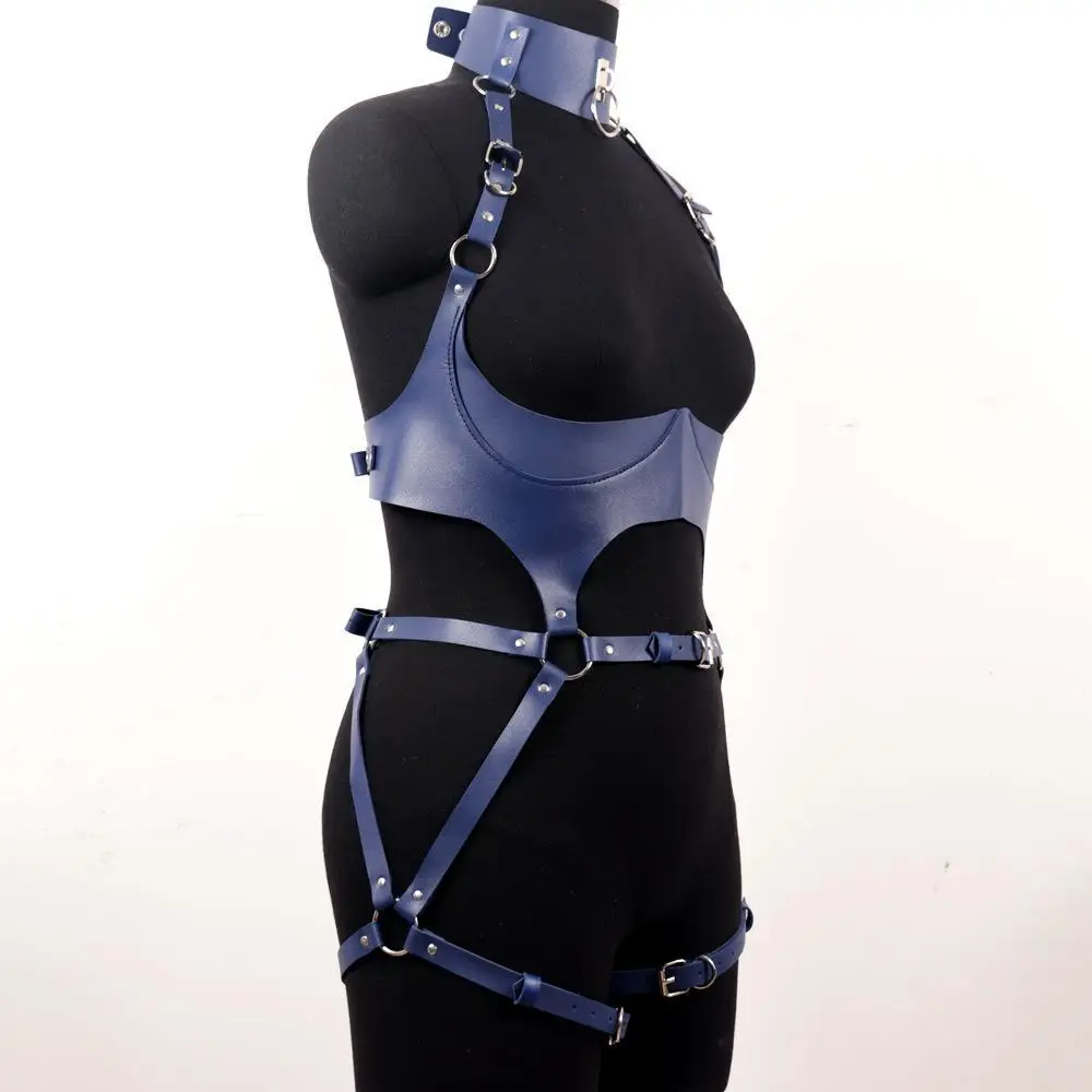 Women Leather Harness Sets Sexy Lingerie Body Bondage Straps Chest Harness Garter Belts Full Body Blue Gothic Suspenders view 5