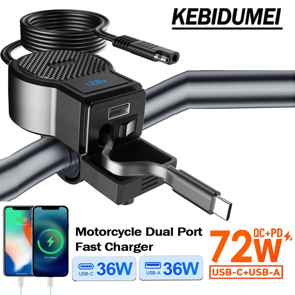 

12V Motorcycle Charger Handlebar PD USB QC3.0 Fast Charging Power Adapter Waterproof with Switch Voltmeter & Retractable Cable