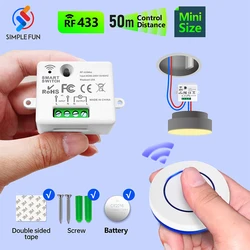 Rf433mhz sem fio inteligente interruptor de luz mini relé módulo receptor 110v 220v com mini controle remoto para led luz lâmpada fã em fora