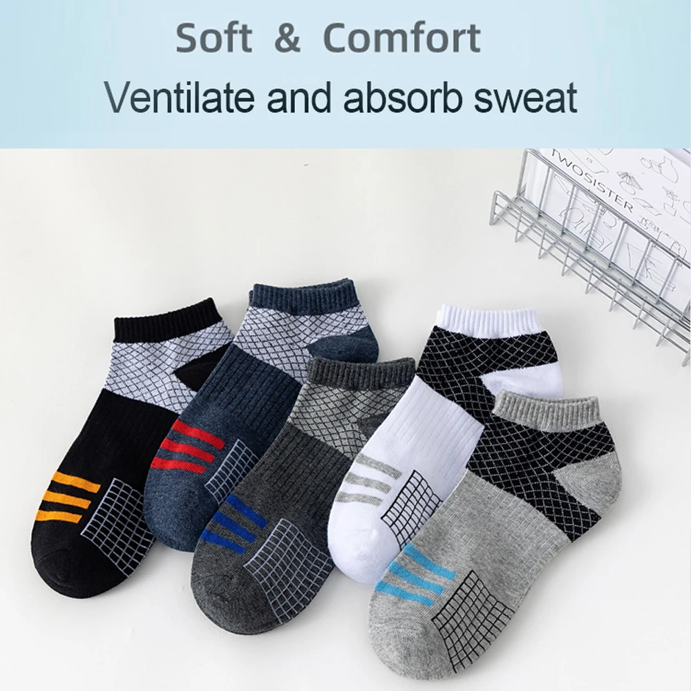 5 Pairs Low Cut Men Socks Spring Summer Breathable Sports Socks Male Short Ankle Athletic Socks Thin Cut grid Sokken