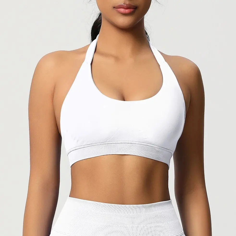 Sports Bra Women Seamless Halter Neck Strap Padded Open Back Yoga Top Bra Medium Support Gym Crop Top