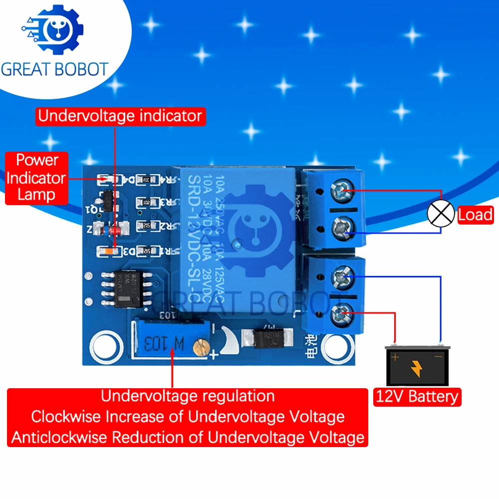 DC 12V Battery Protection Module: Undervoltage&Low Voltage Cut-off with Automatic Switch Recovery, Charging Controller Include
