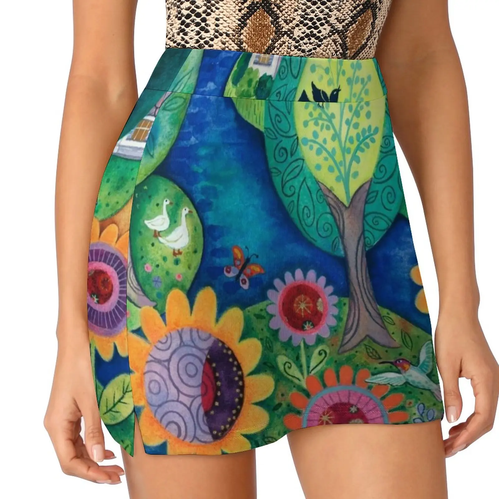 Summer Garden Women's skirt Mini Skirts A Line Skirt With Hide Pocket Summer Landscape Garden Water Trees Birds Houses Flowers