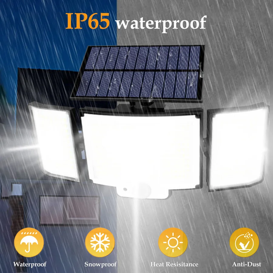 348 LED Motion Sensor Outdoor Light with RC Solar Outdoor Bright 3 Head Solar Flood IP65 Waterproof Security Detection Light