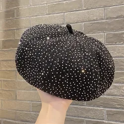 Boina con purpurina brillante para mujer, gorro de pintor dulce, agua, cielo estrellado, diamante, primavera y otoño, novedad de 2024