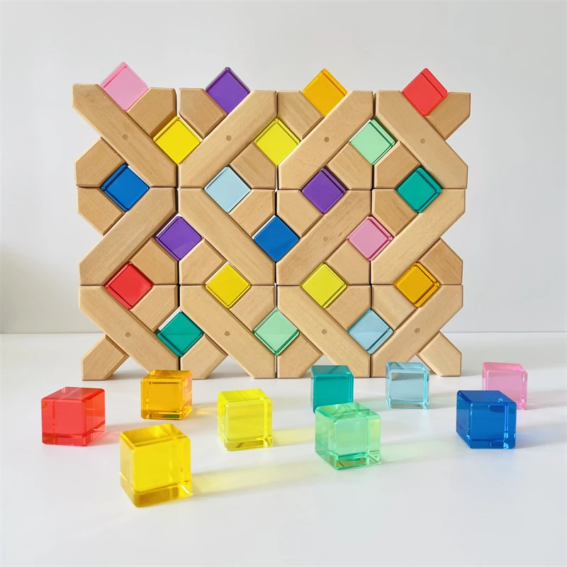 

Wooden X Bricks Stacking Blocks Lucent Cubes Kids Open Ended Play Sensory Acrylic Toy Gems Montessori Shadow Toys for Children