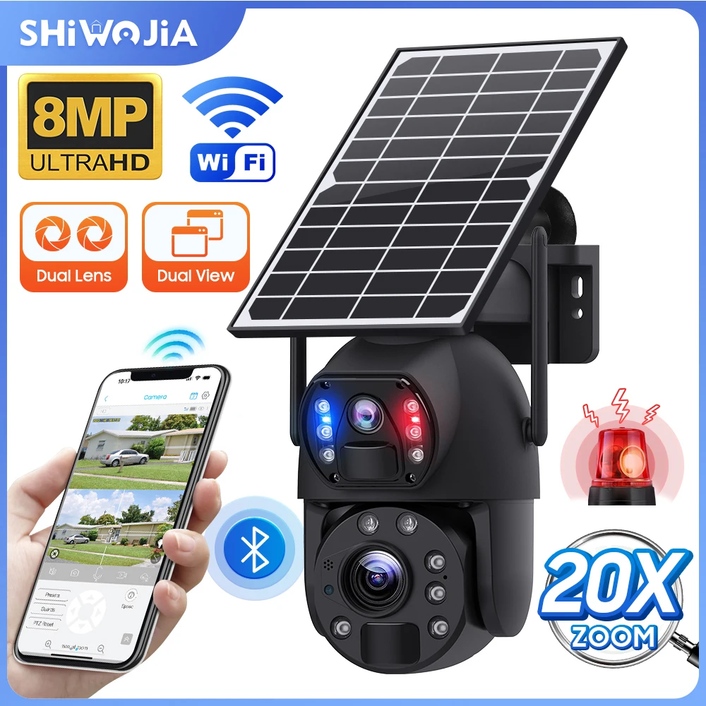 SHIWOJIA 20X ZOOM 4G Solar Camera 8MP Dual-Lens Recording Humanoid Tracking Outdoor WIFI Solar Camera Night Vision Surveillance