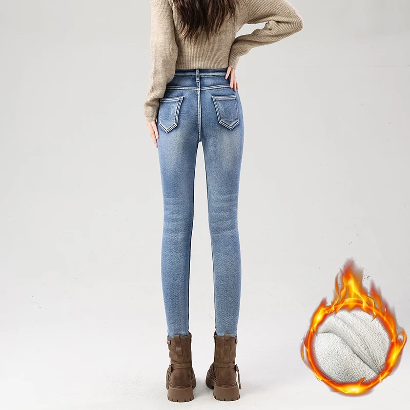 Frauen Fleece Warme Winter Jeans Verdicken Elastische Dünne Bleistift Hosen Mode Koreanische Dünne Plüsch Thermo Leggings Hosen – Detail 17