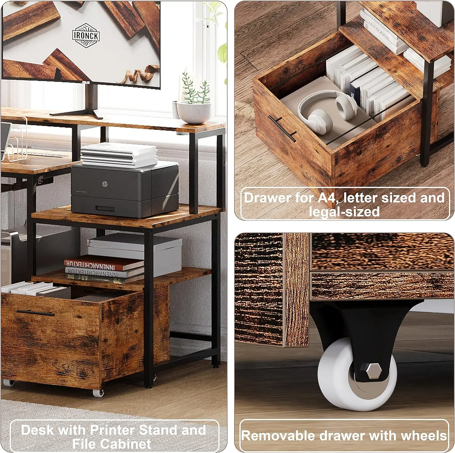 مكتب كمبيوتر على شكل حرف L ، مكتب زاوية 66 بوصة مع منفذ طاقة ، درج ملفات ، درج لوحة مفاتيح ، رف مراقبة رافع وحقيبة تخزين