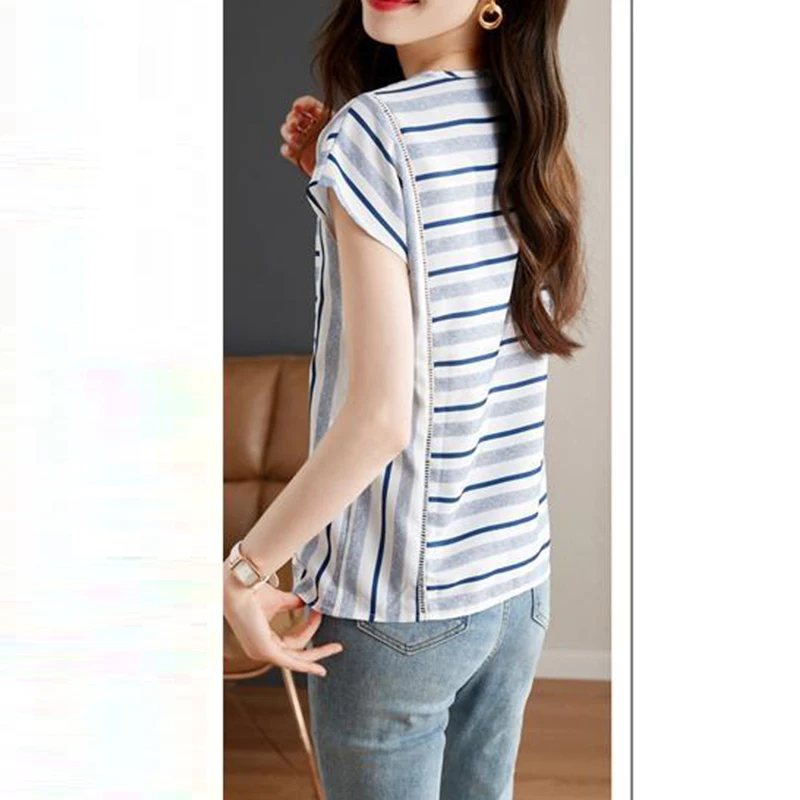 Summer Elegant Fashion Striped Printing Loose Chiffon Shirt Lady Short Sleeve All-match Casual Blouse Women Vintage Pullover Top