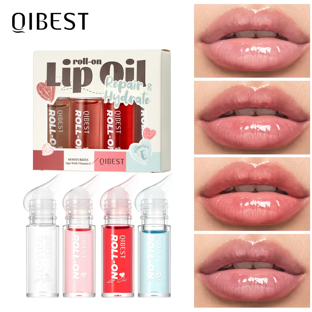 QIBEST 4종 롤온 립밤 메이크업 세트, 보습 투명 롤링 비드 립 오일, 수분 공급 립글로스 화장품 키트