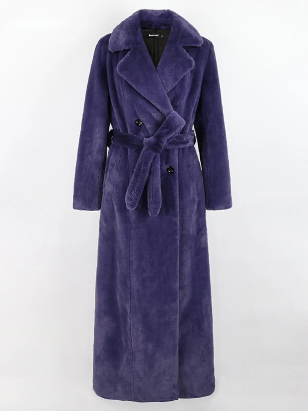 

Nerazzurri Purple Faux Fur Coat Women's Extra Long Double-Breasted Belted Eco-Friendly Outerwear Standard Fit Long Sleeve Coat