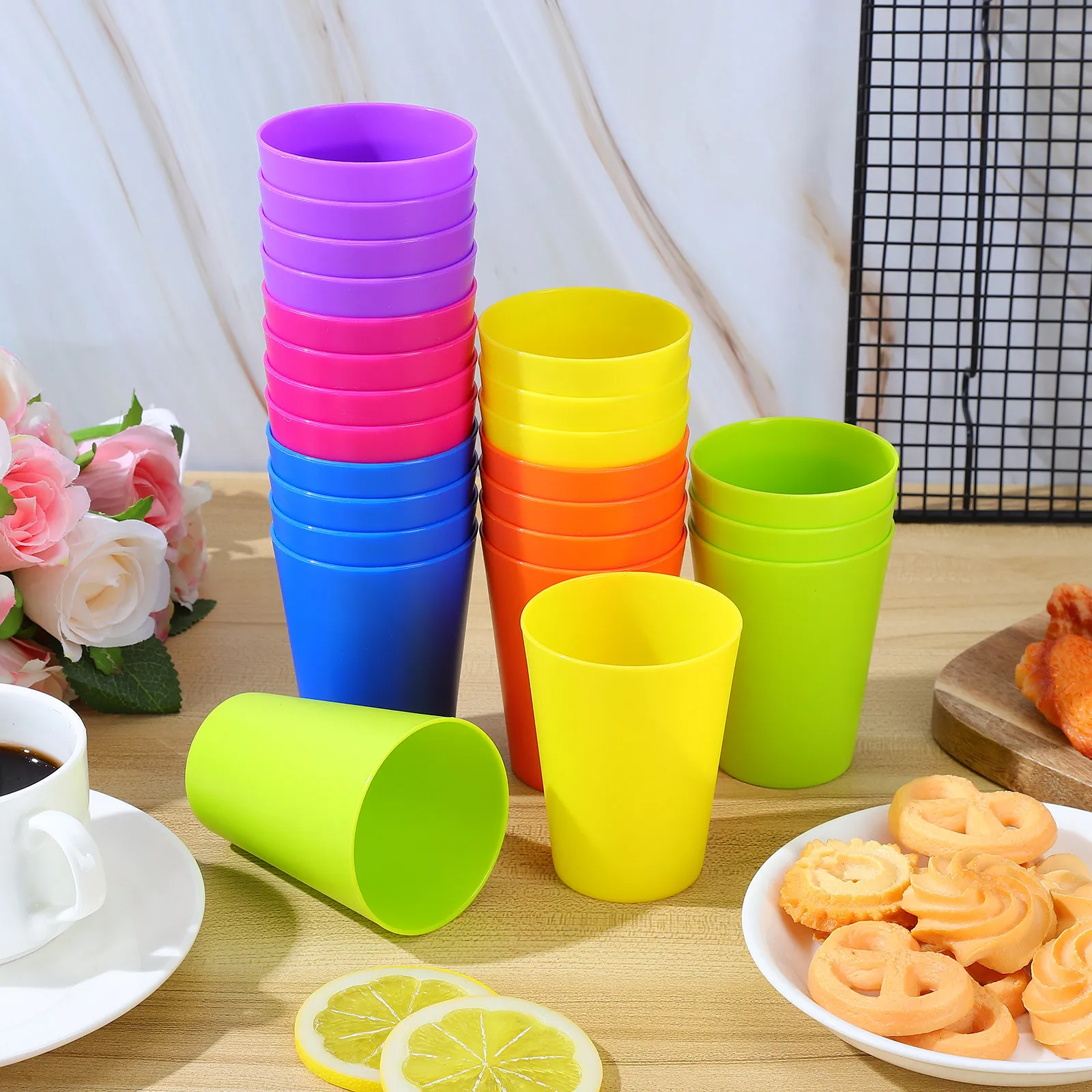 24 Pcs Plastic Cups Reusable Stackable Colorful Drinking Glasses Set Orange Yellow Blue Green Purple Cup Large - view 4