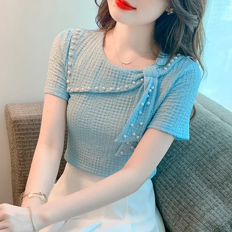 

Causal Summer Ladies Tops Korean Fashion Clothing Short Sleeve Blusas Mujer Slim Beading Bow Y2k Blue White Blouses Women